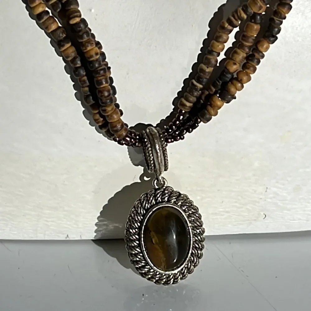 Avon Tigers Eye Pendant on Brown Bead Necklace